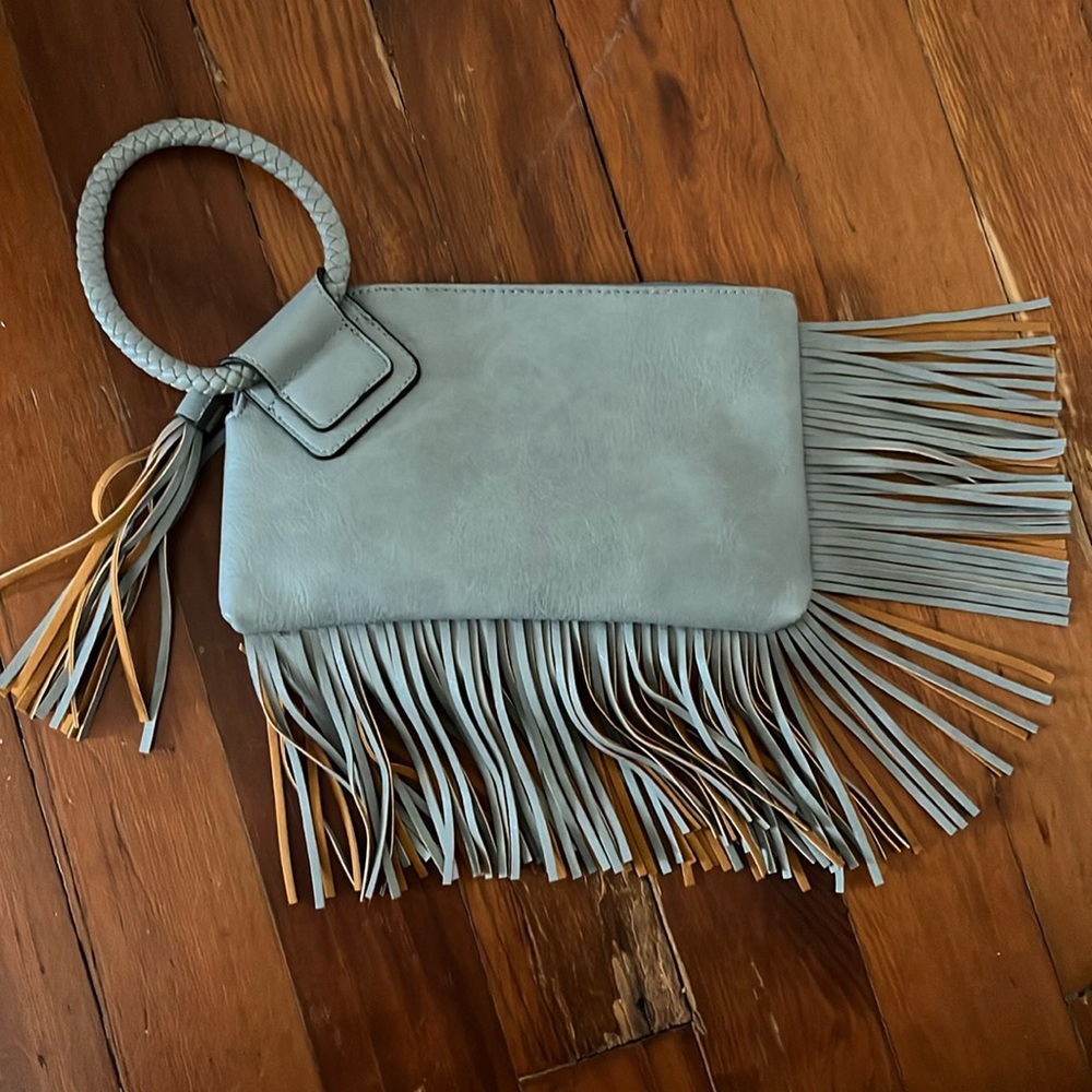 Leather fringed blue toned clutch with wrist bracelet